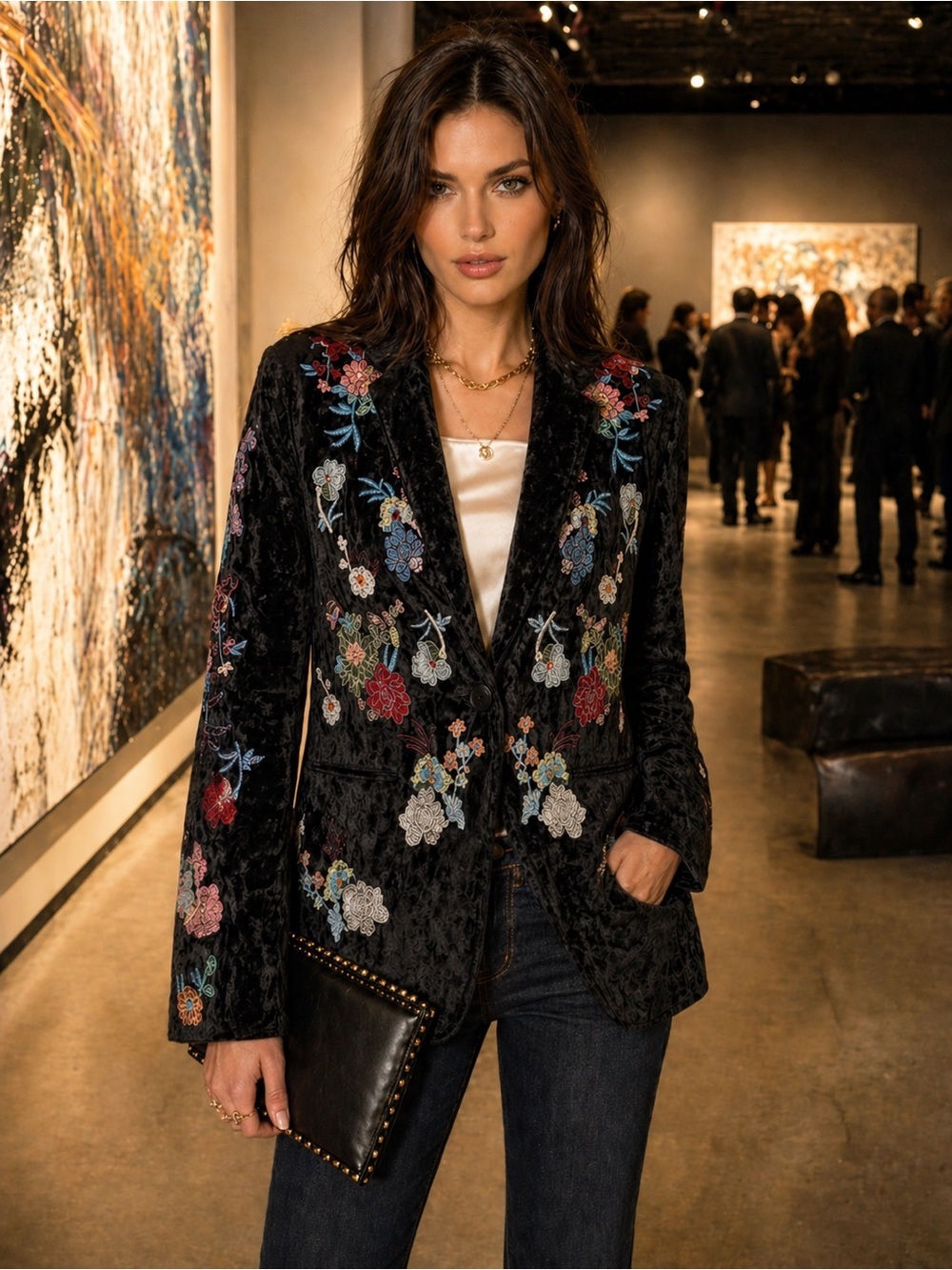 NWOT Billy T Rock Star Black Crushed Velvet Embroidered Jacket Blazer, Size S